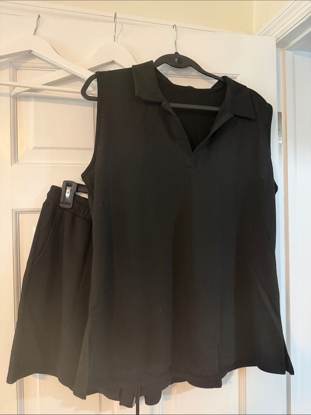 Relaxed Collared Drawstring Track Shorts Set - Black - Picture 2 of 4